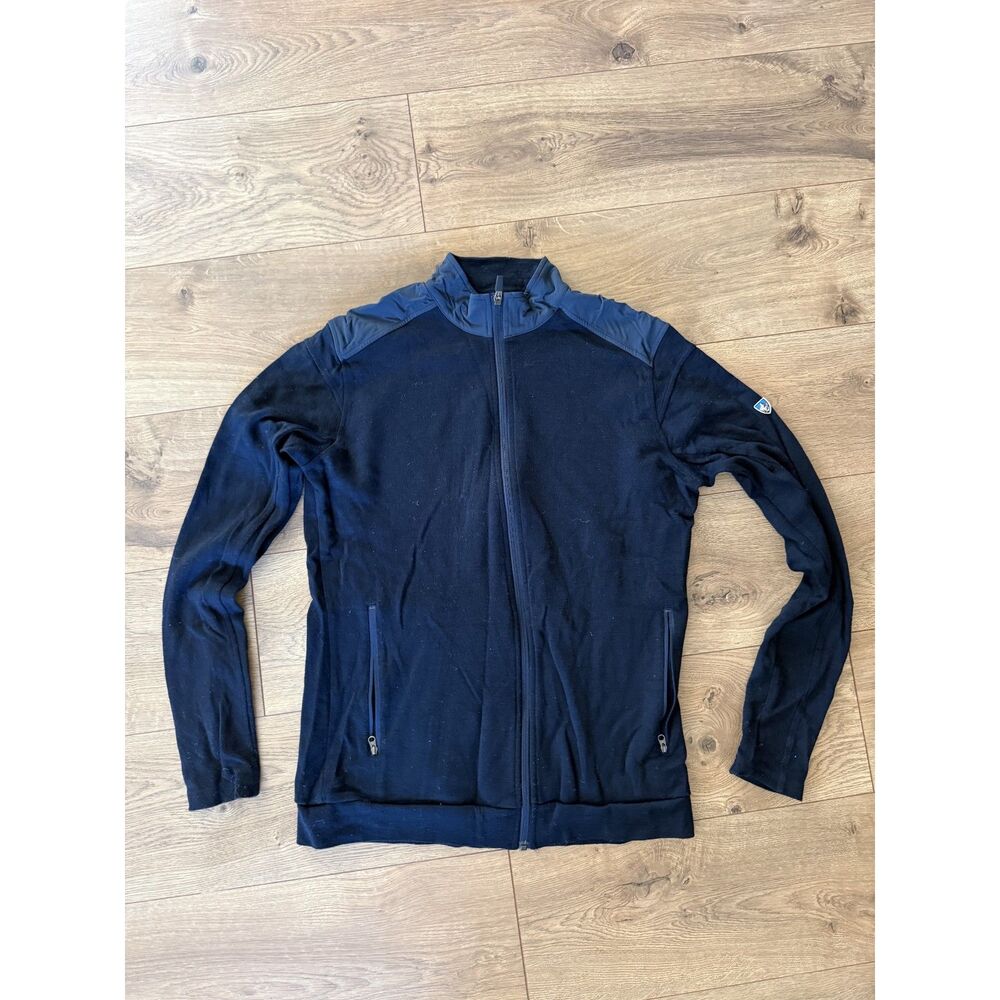 KUHL L Black Full Zip Knit Jacket Panel 100% Merino Wool Blue Layer OUtdoor